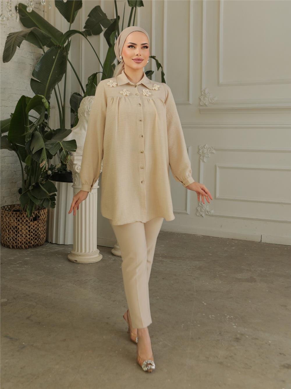 Gathered Robe with Special Appliqued Linen Tunic - Ecru-186-573-R07