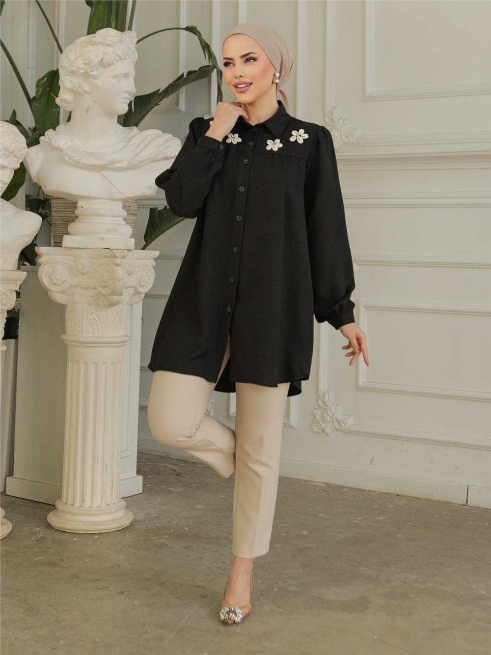 Gathered Robe with Special Appliqued Linen Tunic - Black-186-573-R01