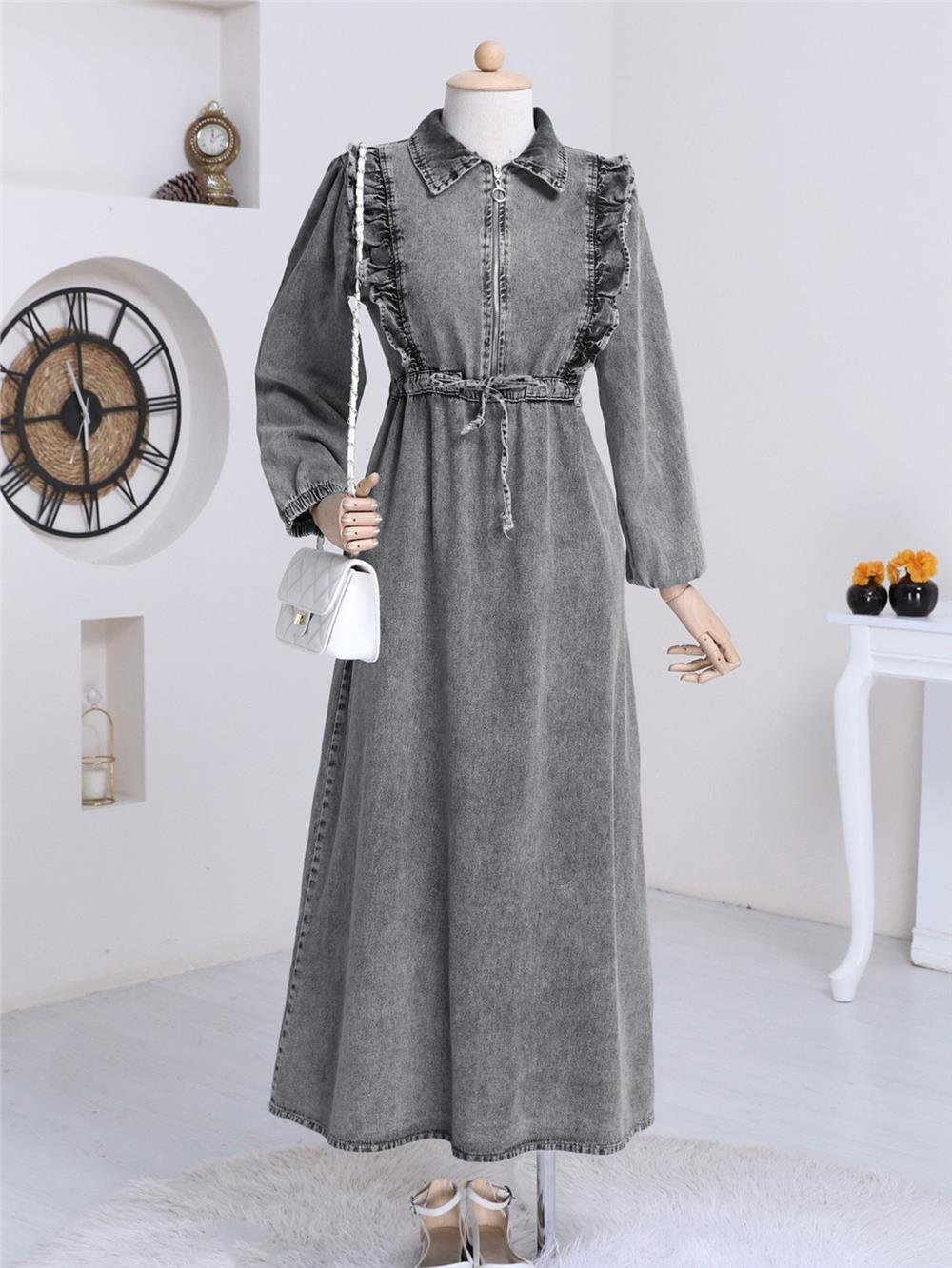 Robadan fırfırlı Belden Büzgü Kot Elbise  -Füme-197-6808-R18