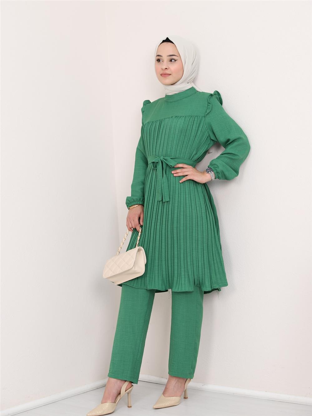 Yoke Pleated Waist Tied Double Suit - Green-197-359-R35