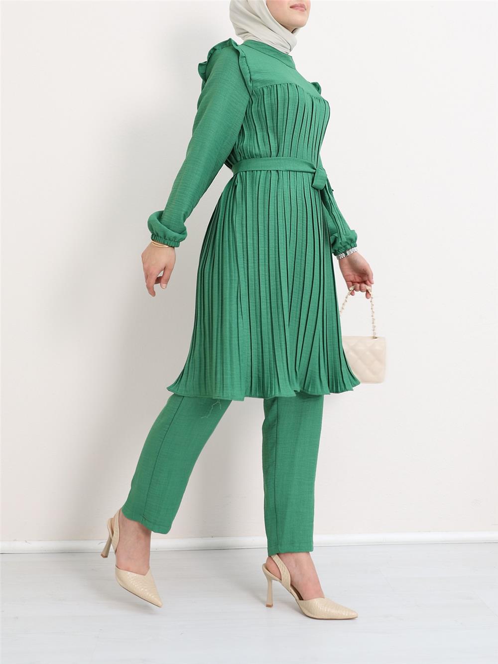 Yoke Pleated Waist Tied Double Suit - Green-197-359-R35