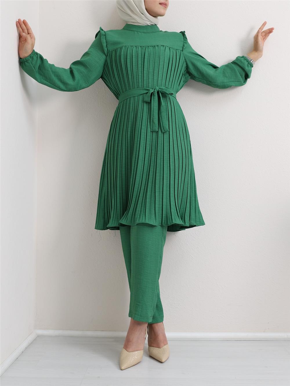 Yoke Pleated Waist Tied Double Suit - Green-197-359-R35
