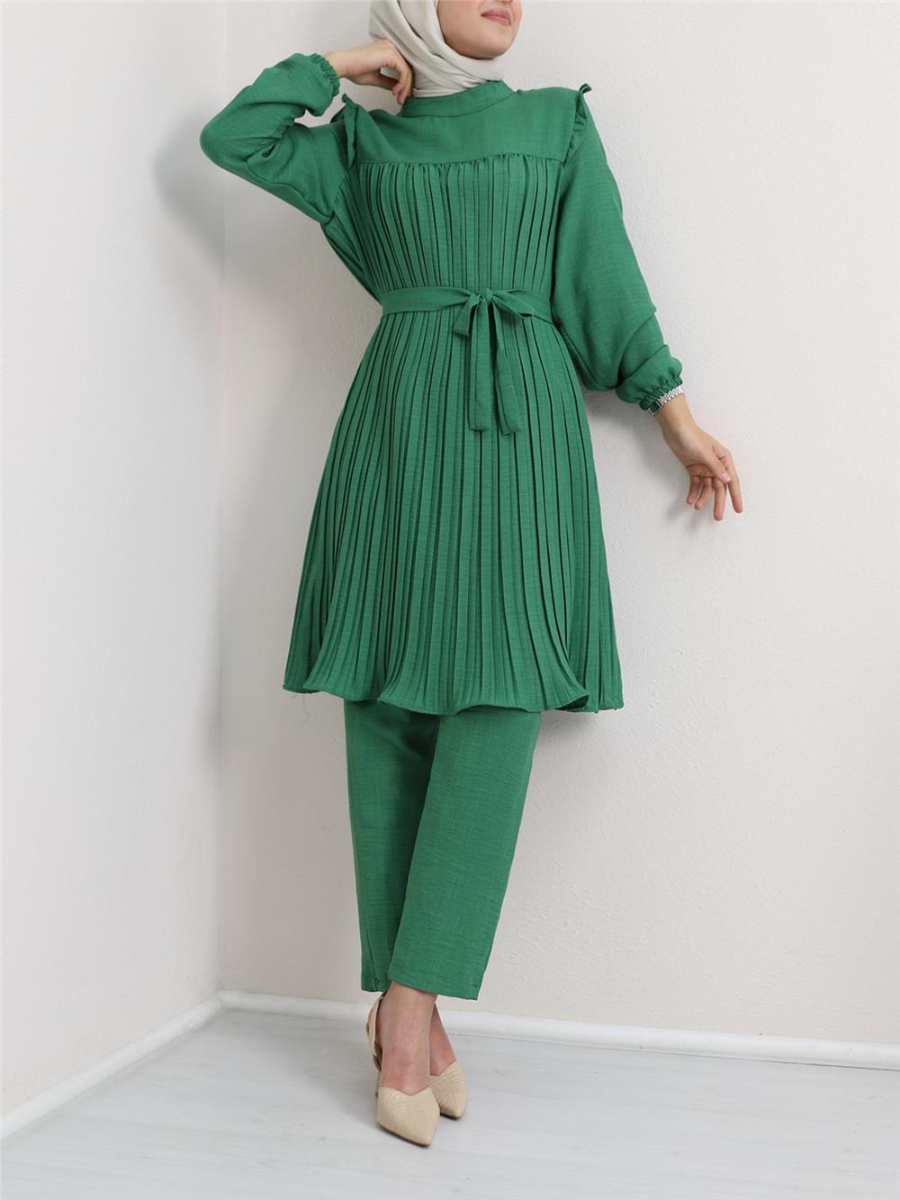 Yoke Pleated Waist Tied Double Suit - Green-197-359-R35