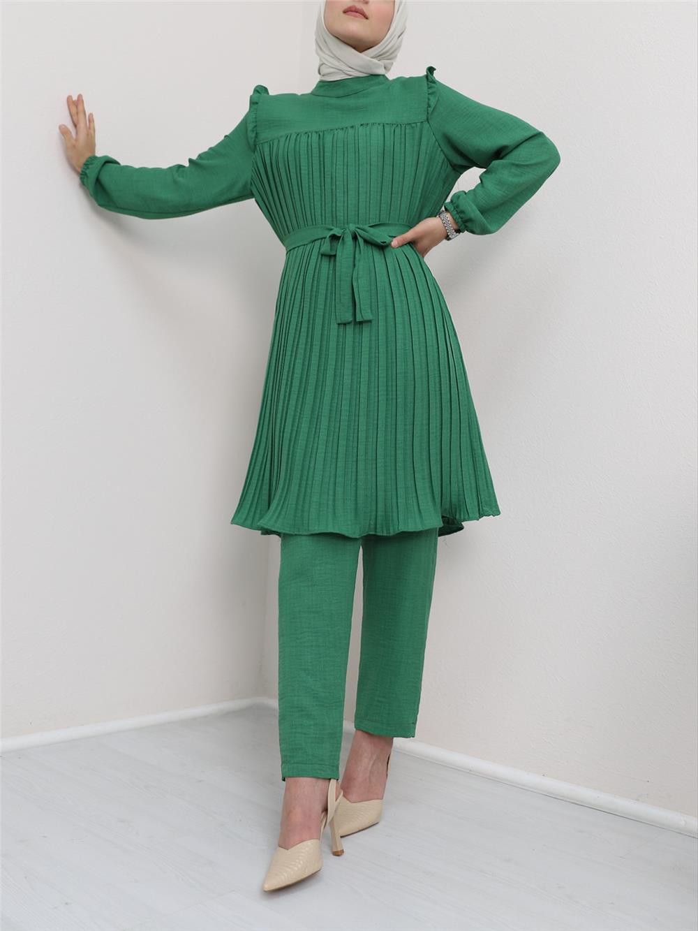 Yoke Pleated Waist Tied Double Suit - Green-197-359-R35