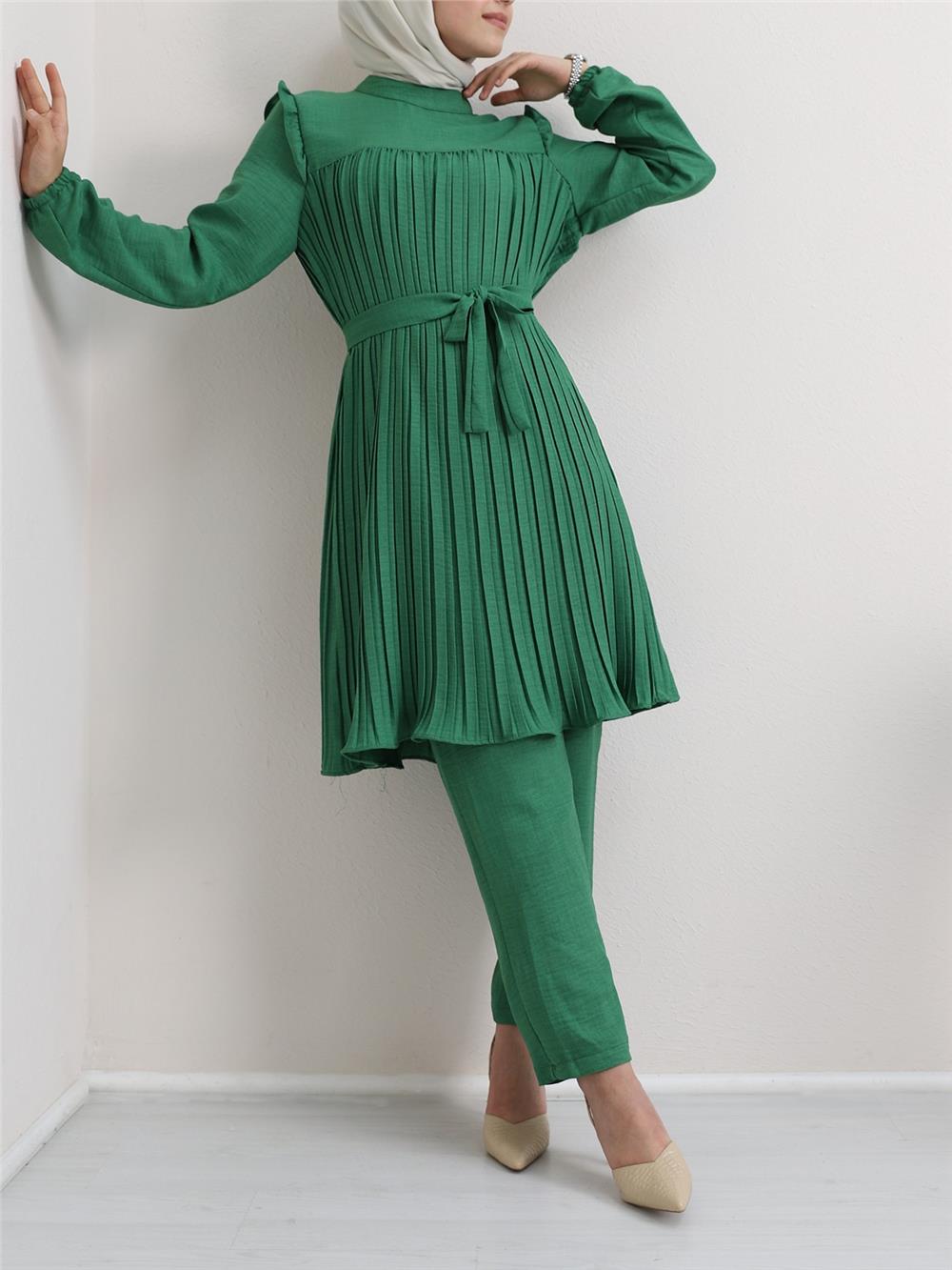 Yoke Pleated Waist Tied Double Suit - Green-197-359-R35