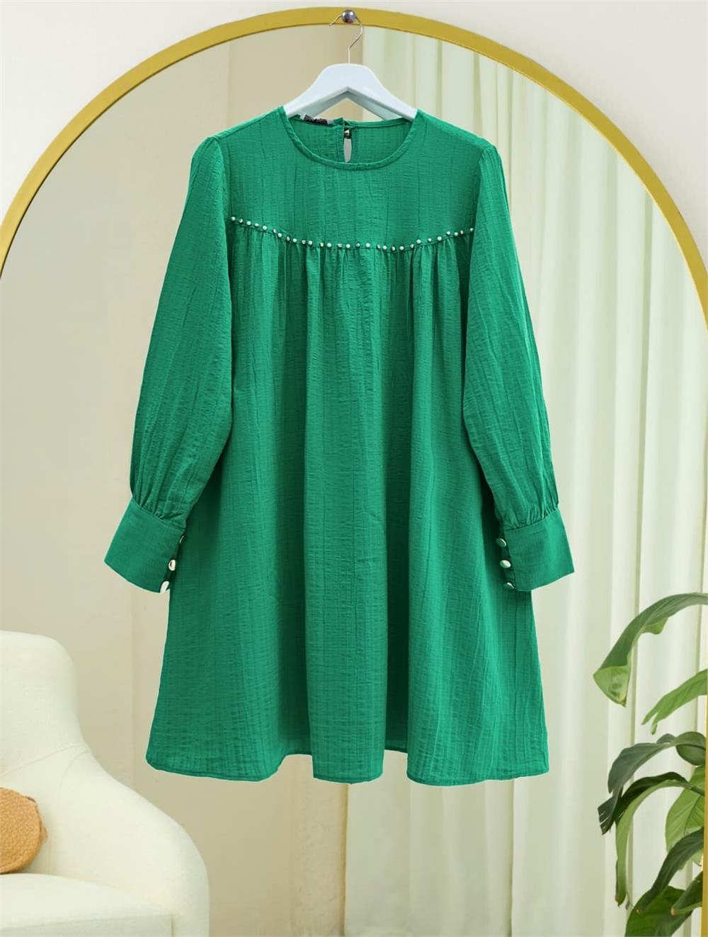 Loose Tunic with Pearls and Stones on Robe and Buttons -Green-186-614-R35