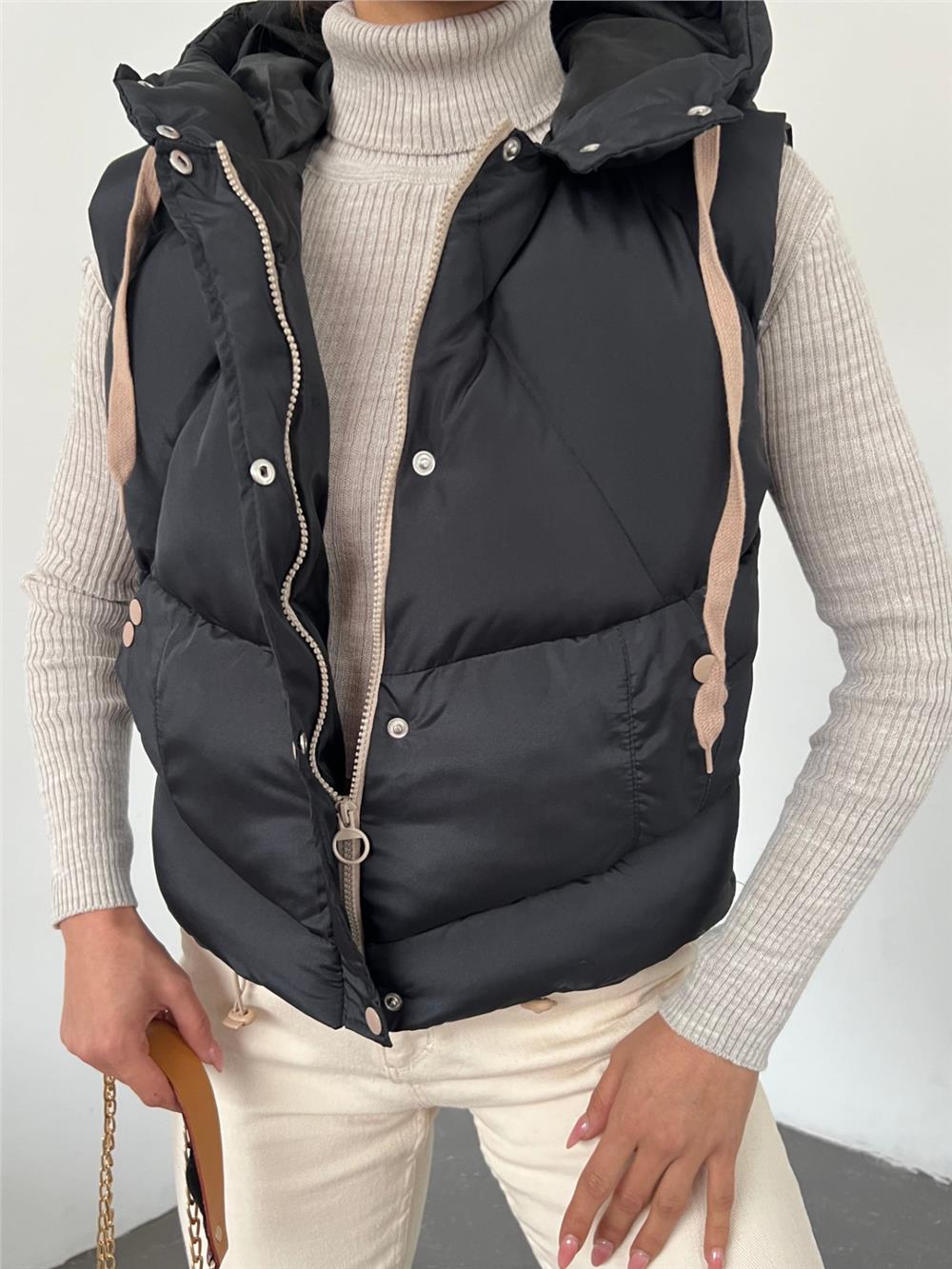 Fixed Hooded Snap Fastener Inflatable Vest -Black-348-11062-R01