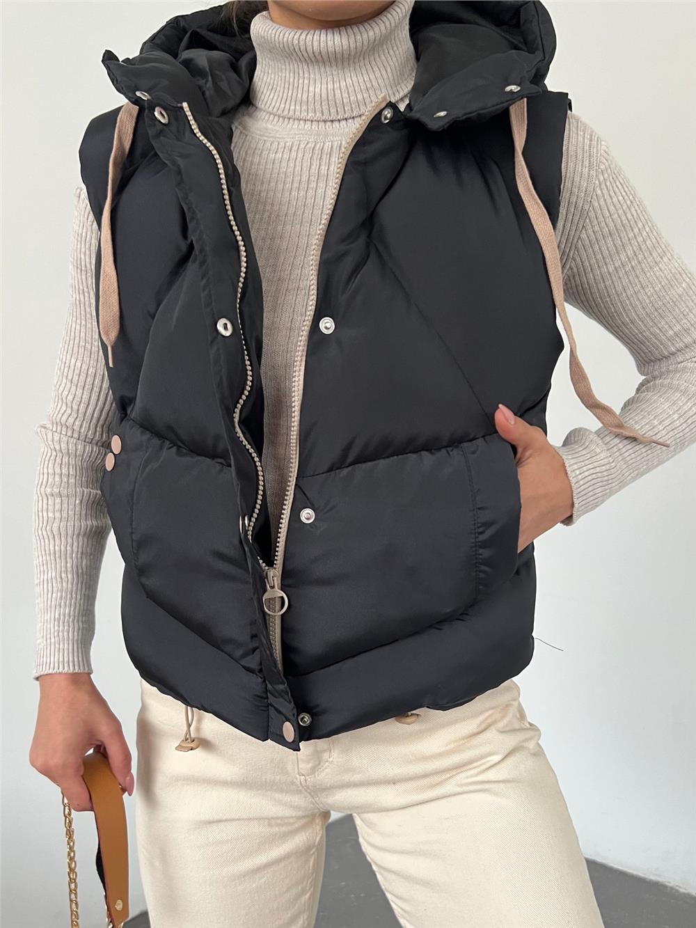 Fixed Hooded Snap Fastener Inflatable Vest -Black-348-11062-R01