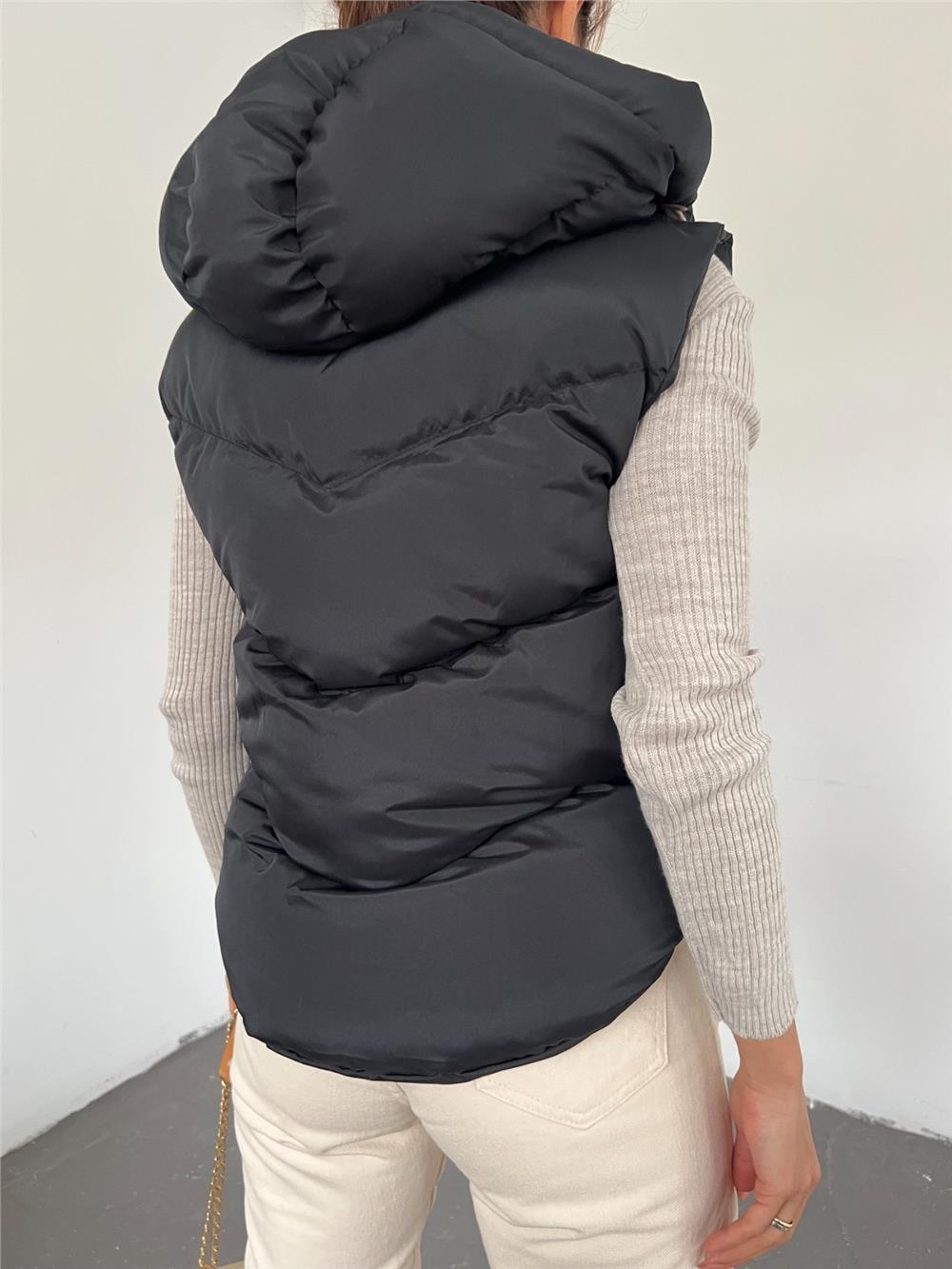 Fixed Hooded Snap Fastener Inflatable Vest -Black-348-11062-R01