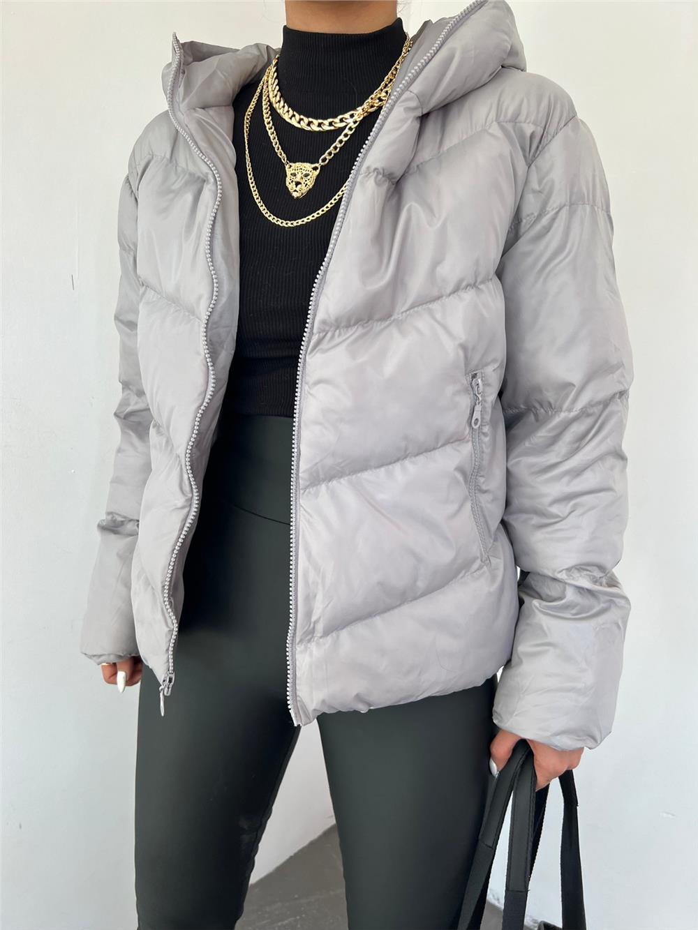 Fixed Hooded Zippered Winter Coat -Grey-340-0947-R11