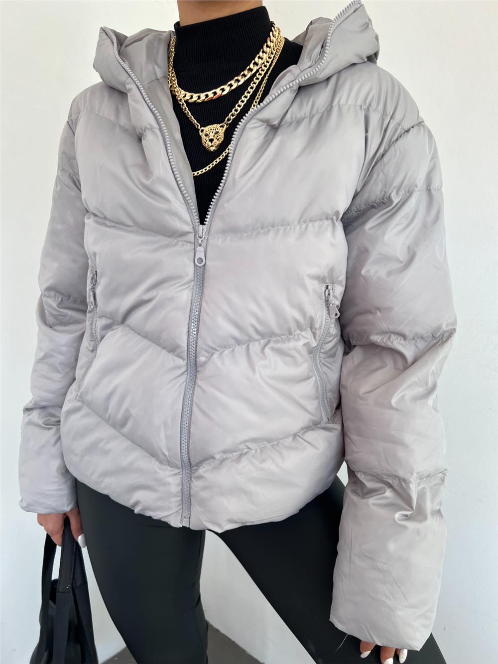 Fixed Hooded Zippered Winter Coat -Grey-340-0947-R11