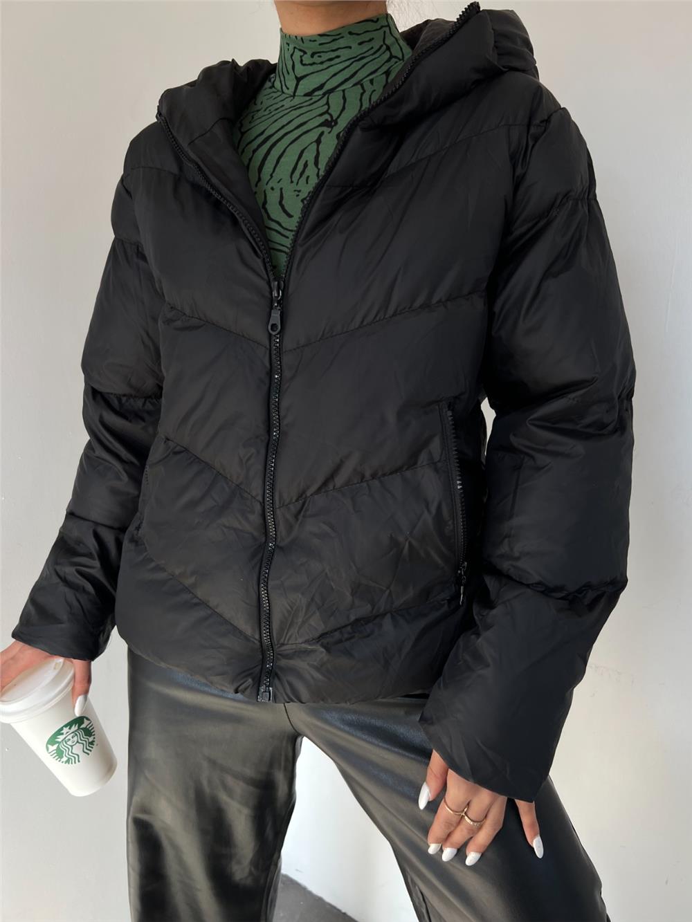 Fixed Hooded Zippered Winter Coat -Black-340-0947-R01