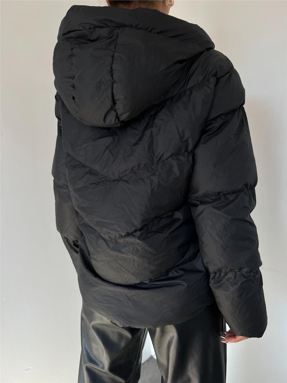 Fixed Hooded Zippered Winter Coat -Black-340-0947-R01