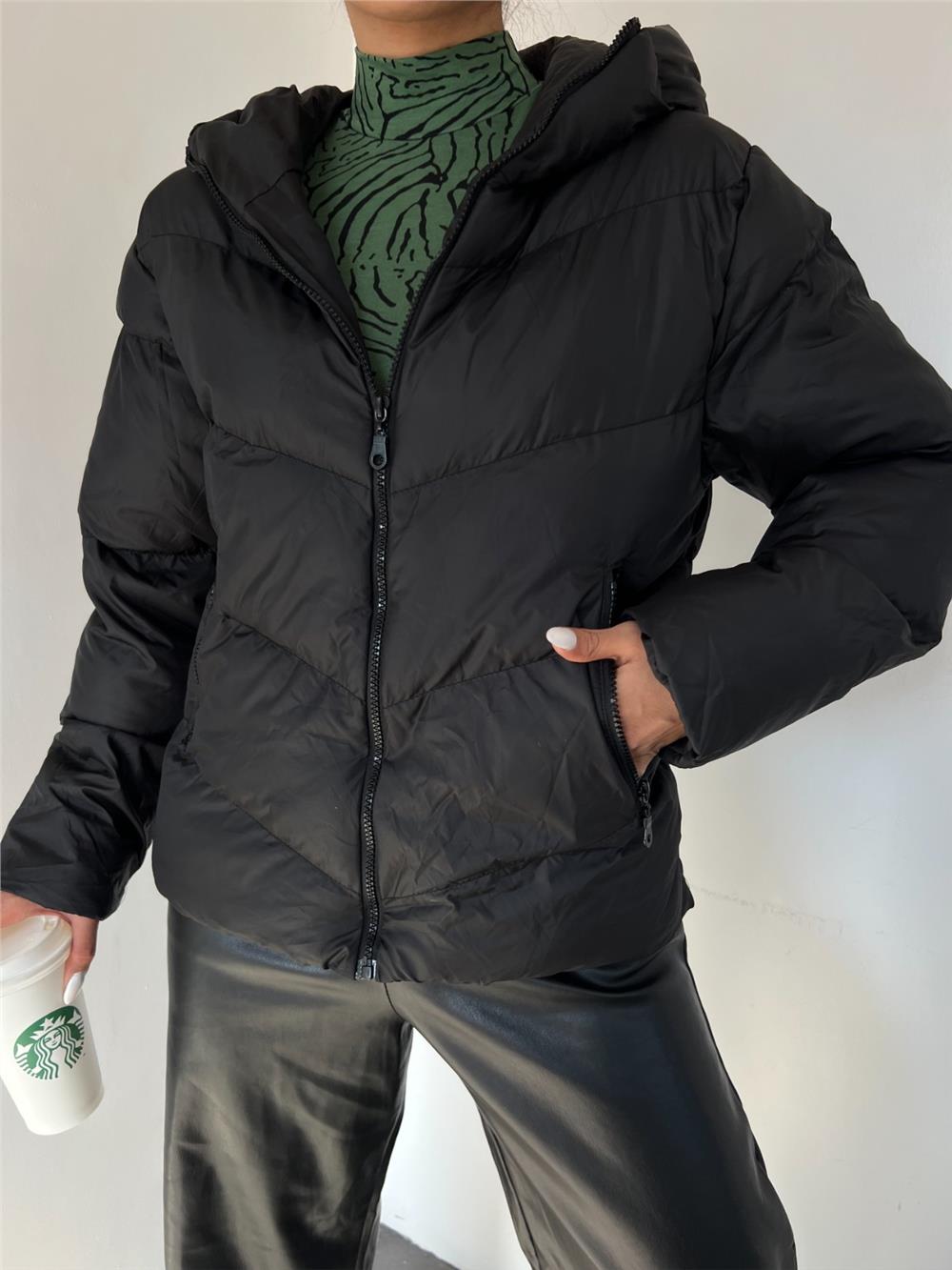Fixed Hooded Zippered Winter Coat -Black-340-0947-R01