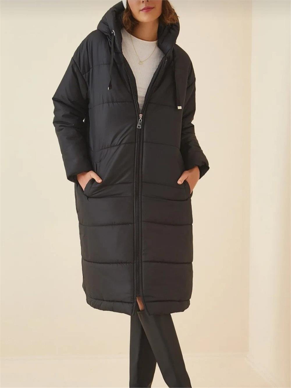 Fixed Hooded Long Coat with Bird Eye Detail -Black-138-5120-R01