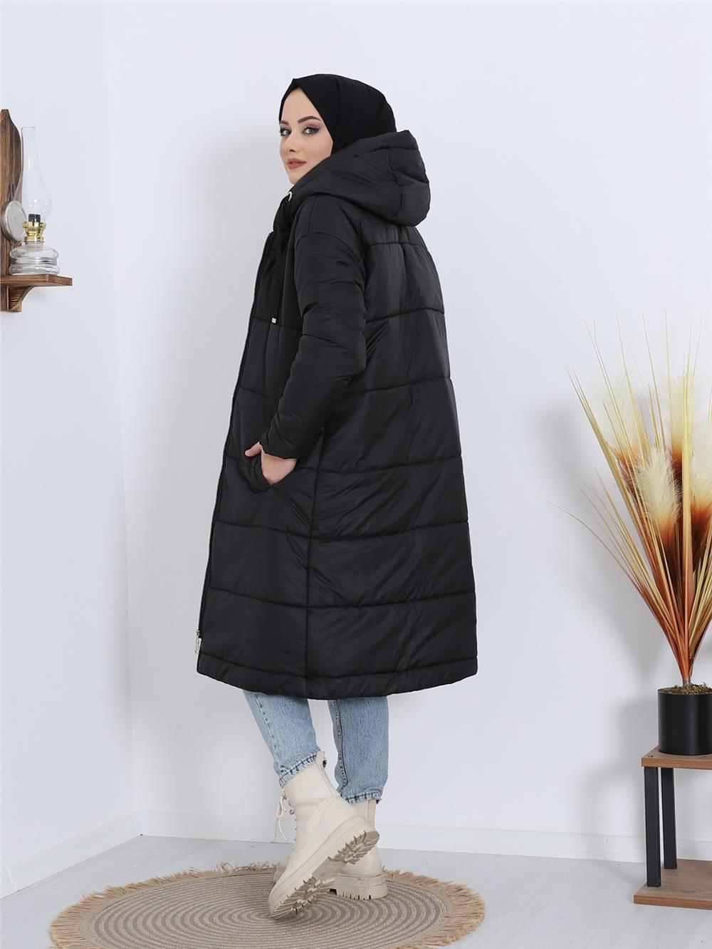 Fixed Hooded Long Coat with Bird Eye Detail -Black-138-5120-R01