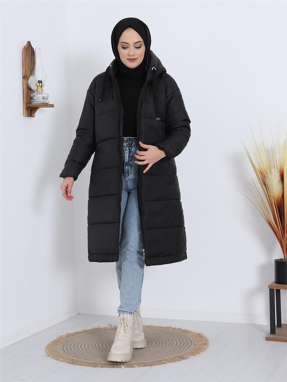 Fixed Hooded Long Coat with Bird Eye Detail -Black-138-5120-R01