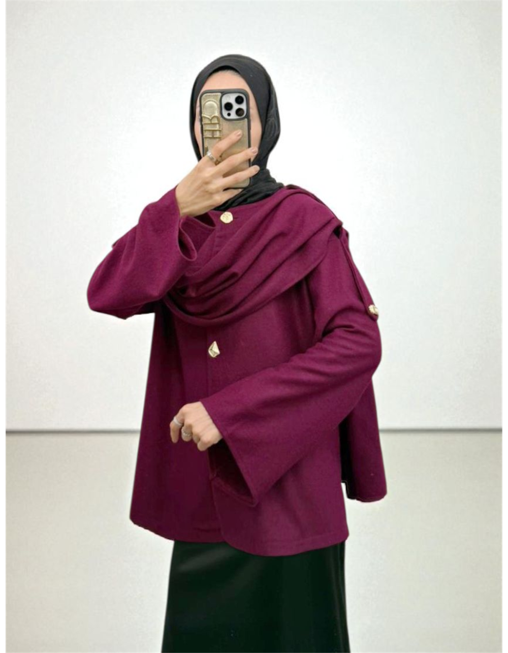 Şal Detaylı Kışlık Keçe Ceket -Mürdüm-307-0025-R09