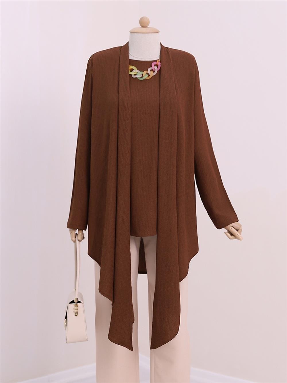 Shawl Collar Asymmetric Cut Necklace Crinkle Tunic -Brown-186-631-R15
