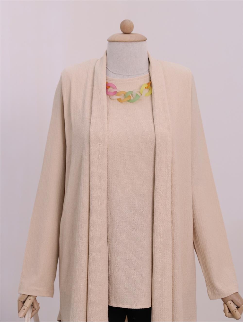 Shawl Collar Asymmetric Cut Necklace Crinkle Tunic -Beige-186-631-R56