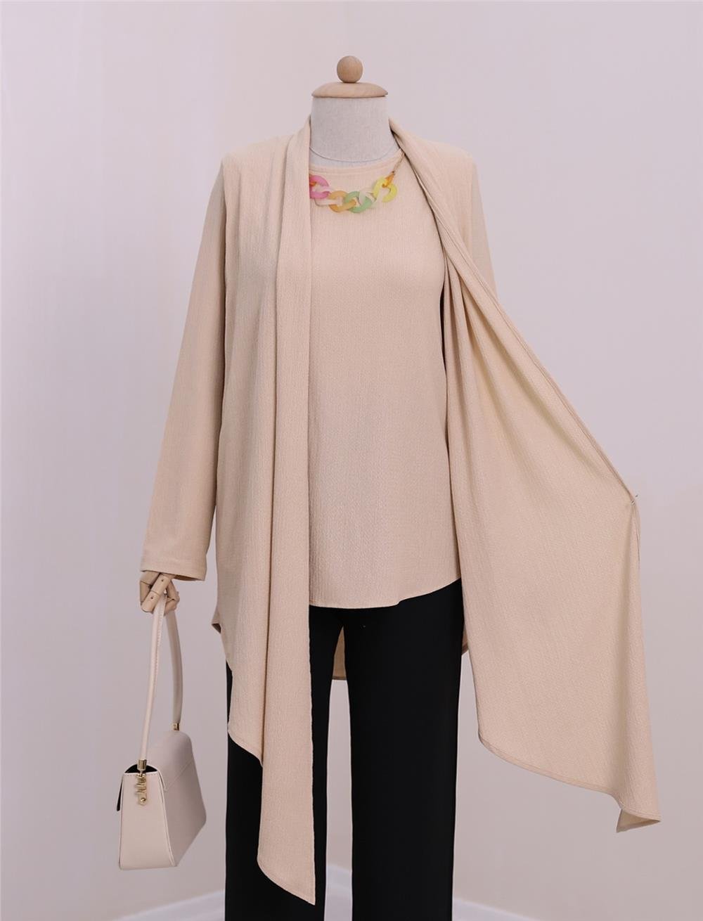 Shawl Collar Asymmetric Cut Necklace Crinkle Tunic -Beige-186-631-R56