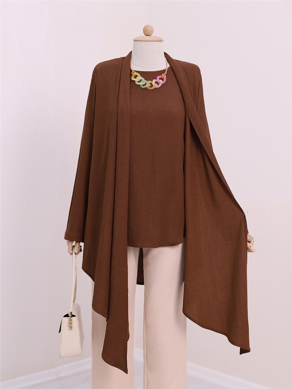 Shawl Collar Asymmetric Cut Necklace Crinkle Tunic -Brown-186-631-R15