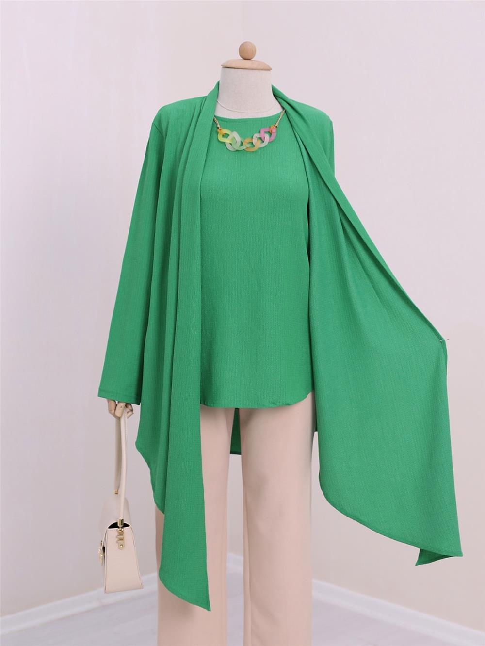 Shawl Collar Asymmetric Cut Necklace Crinkle Tunic -Green-186-631-R35