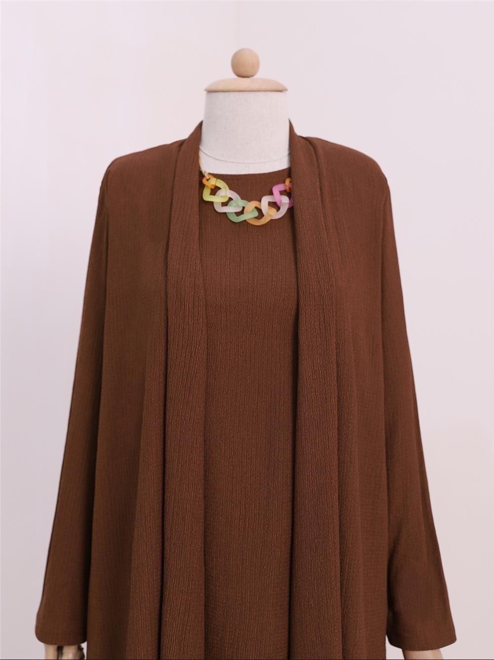 Shawl Collar Asymmetric Cut Necklace Crinkle Tunic -Brown-186-631-R15