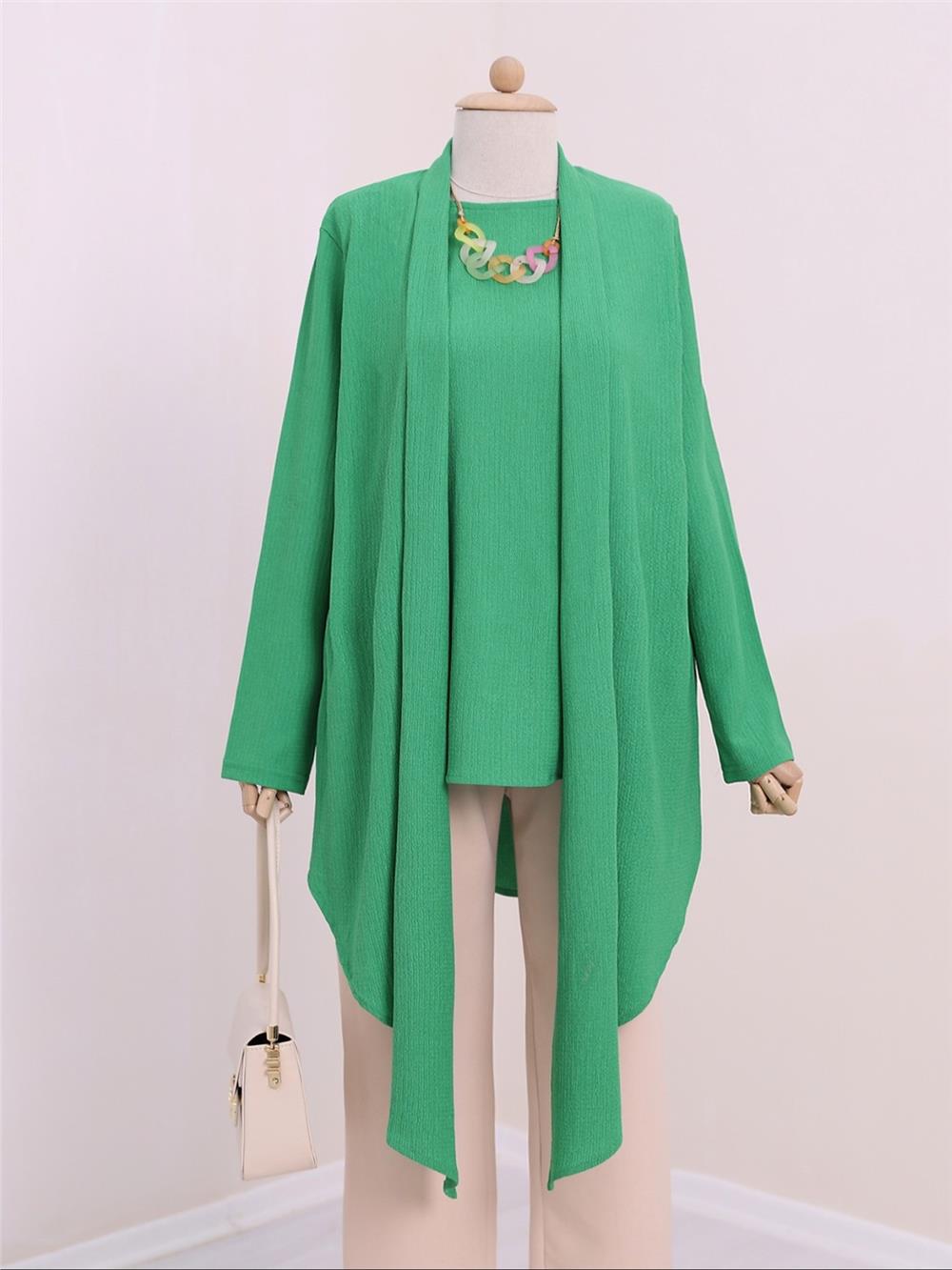 Shawl Collar Asymmetric Cut Necklace Crinkle Tunic -Green-186-631-R35