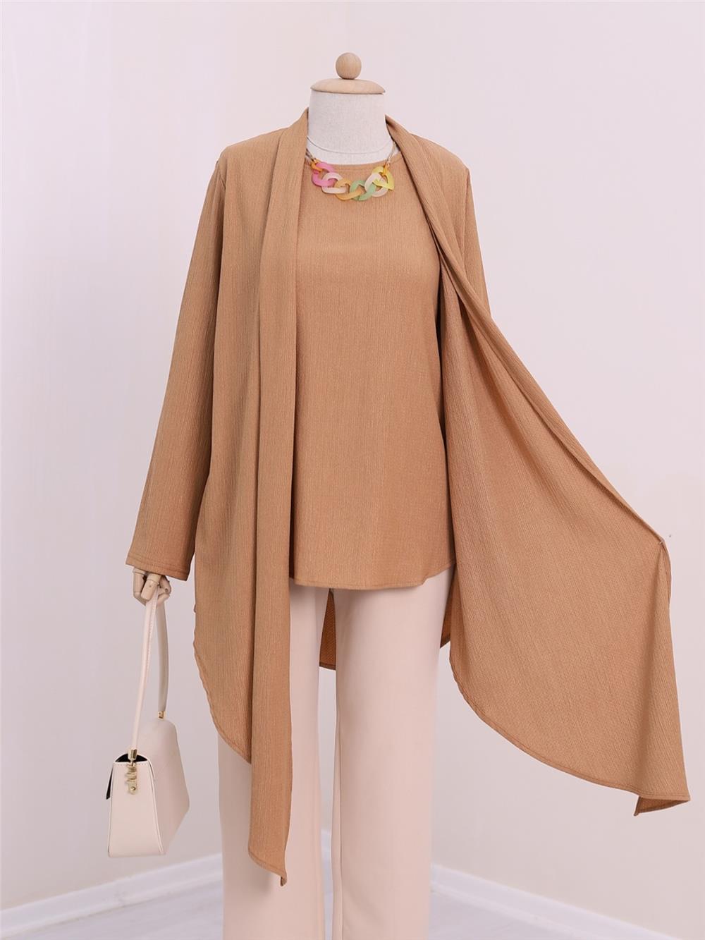 Shawl Collar Asymmetric Cut Necklace Crinkle Tunic -Cinnamon-186-631-R45