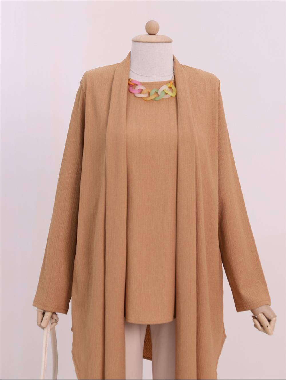 Shawl Collar Asymmetric Cut Necklace Crinkle Tunic -Cinnamon-186-631-R45