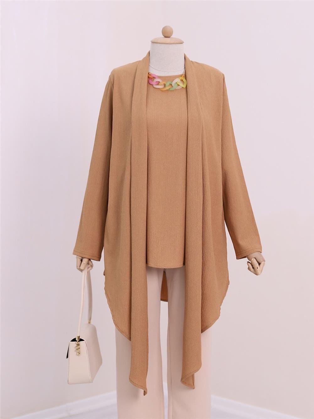 Shawl Collar Asymmetric Cut Necklace Crinkle Tunic -Cinnamon-186-631-R45