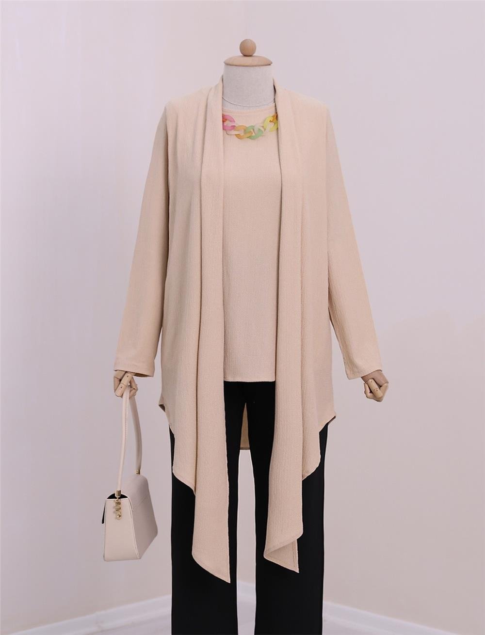 Shawl Collar Asymmetric Cut Necklace Crinkle Tunic -Beige-186-631-R56