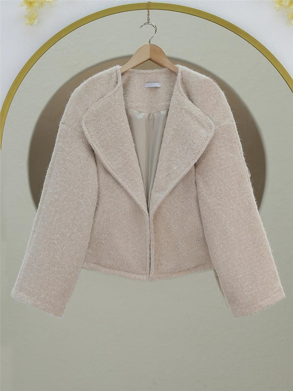 Şal Yaka Astarlı Cepli Buklet Ceket -Krem-223-3028-R28