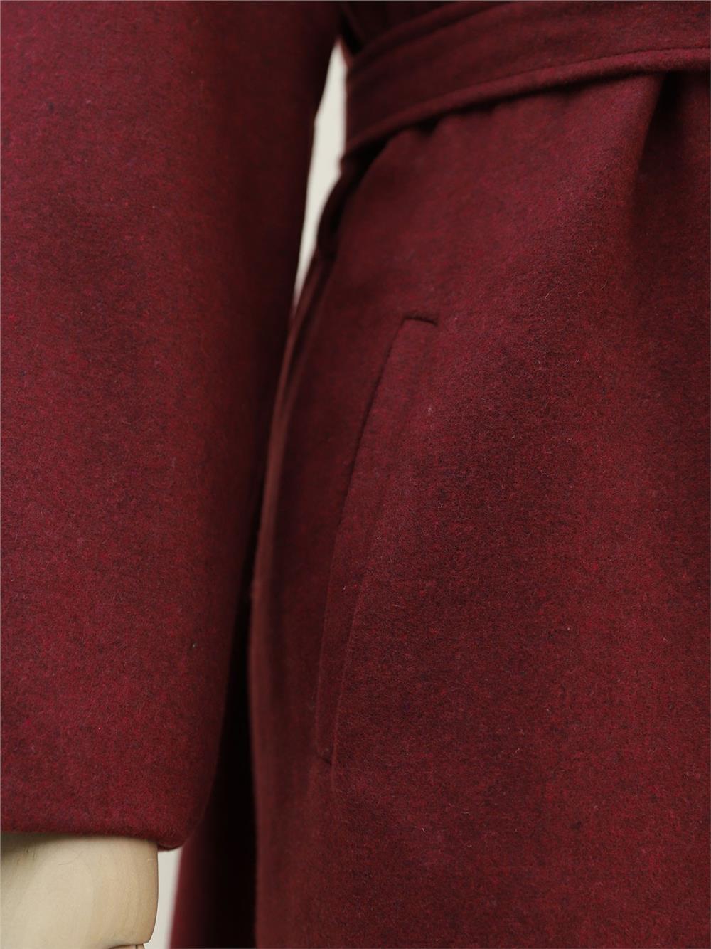 Şal Yaka Cepli Kuşaklı Kaşe Kaban -Bordo-111-50735-R04