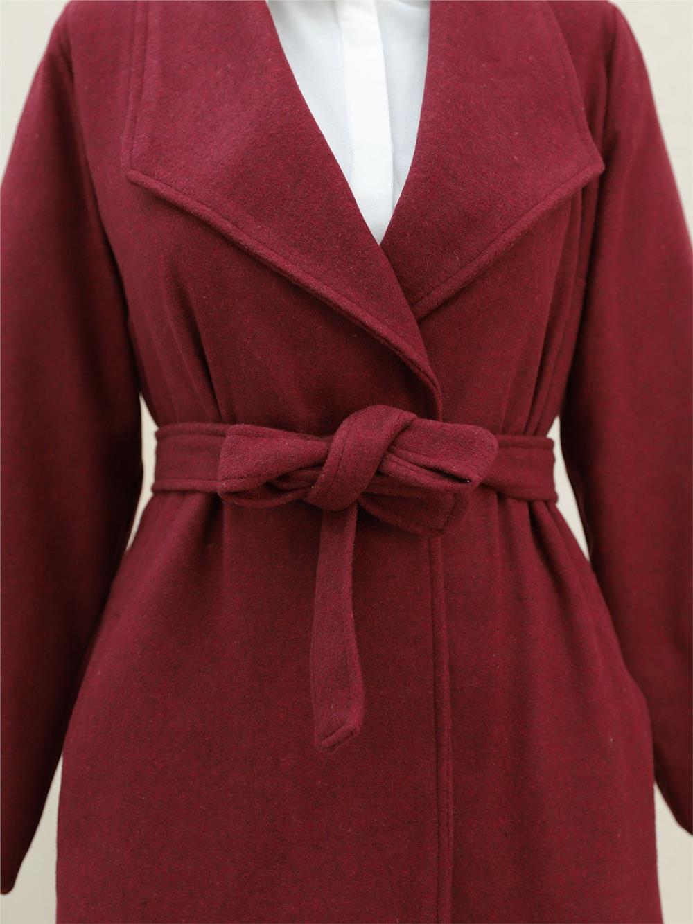 Şal Yaka Cepli Kuşaklı Kaşe Kaban -Bordo-111-50735-R04