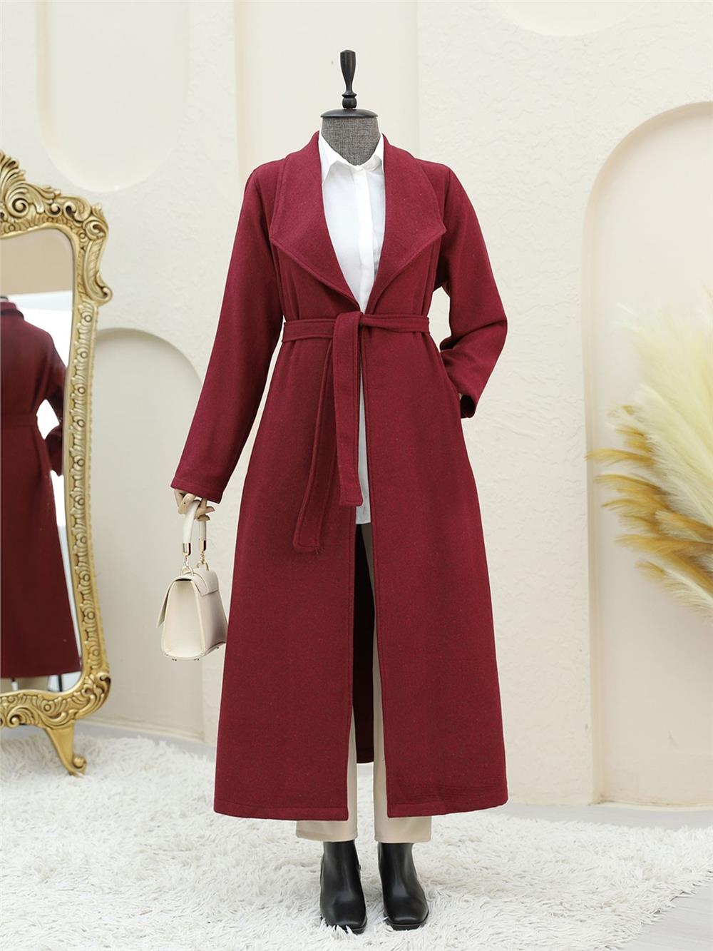 Şal Yaka Cepli Kuşaklı Kaşe Kaban -Bordo-111-50735-R04