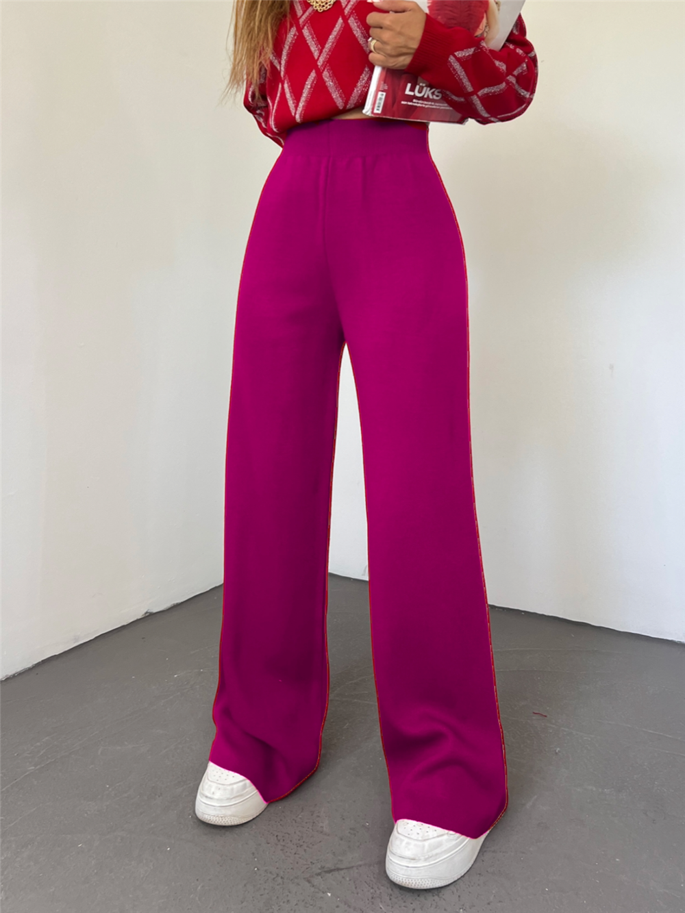 Loose Knitwear Trousers -Fuchsia-295-2126-R14