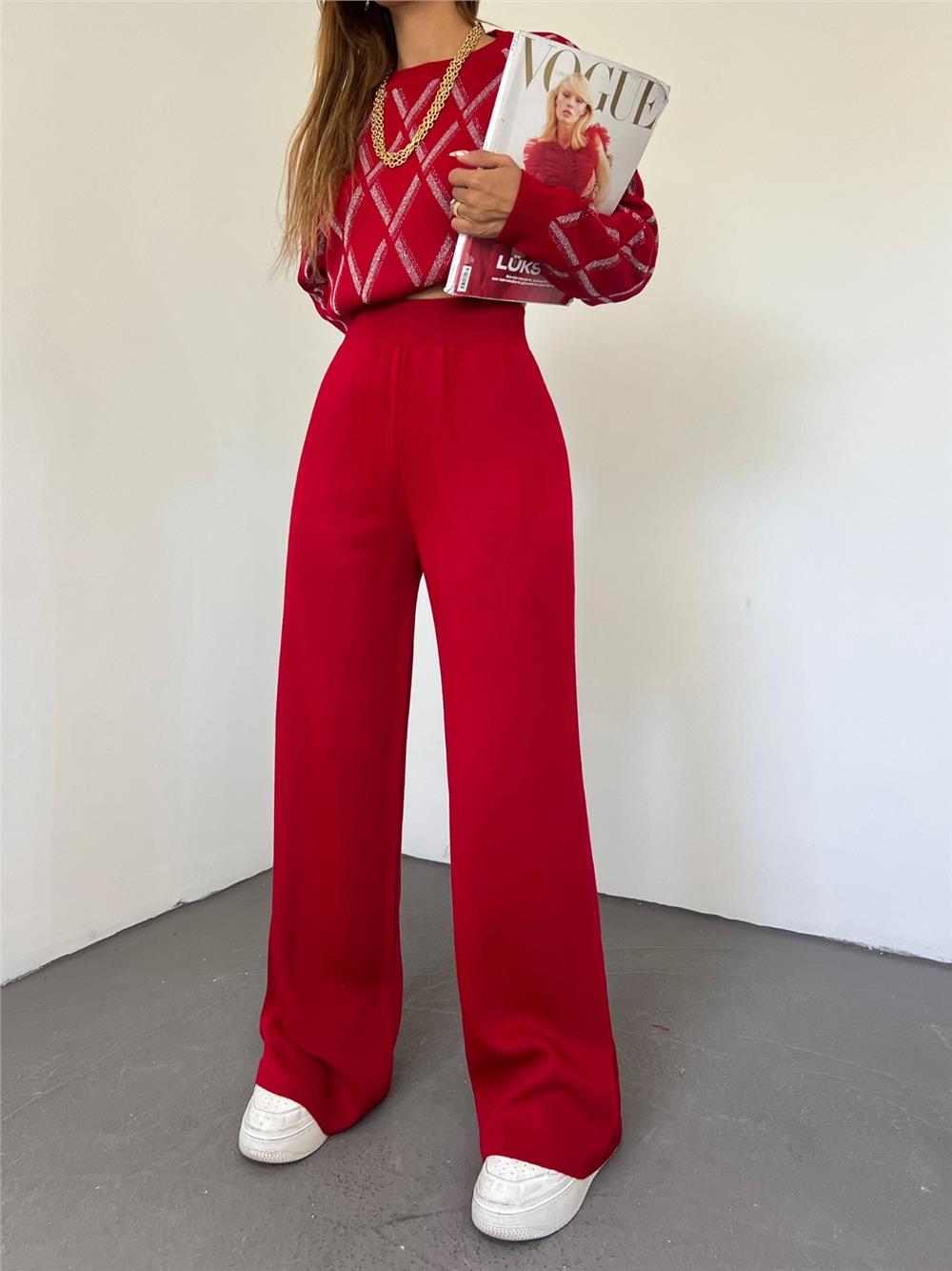 Loose Knitwear Trousers -Red-295-2126-R33