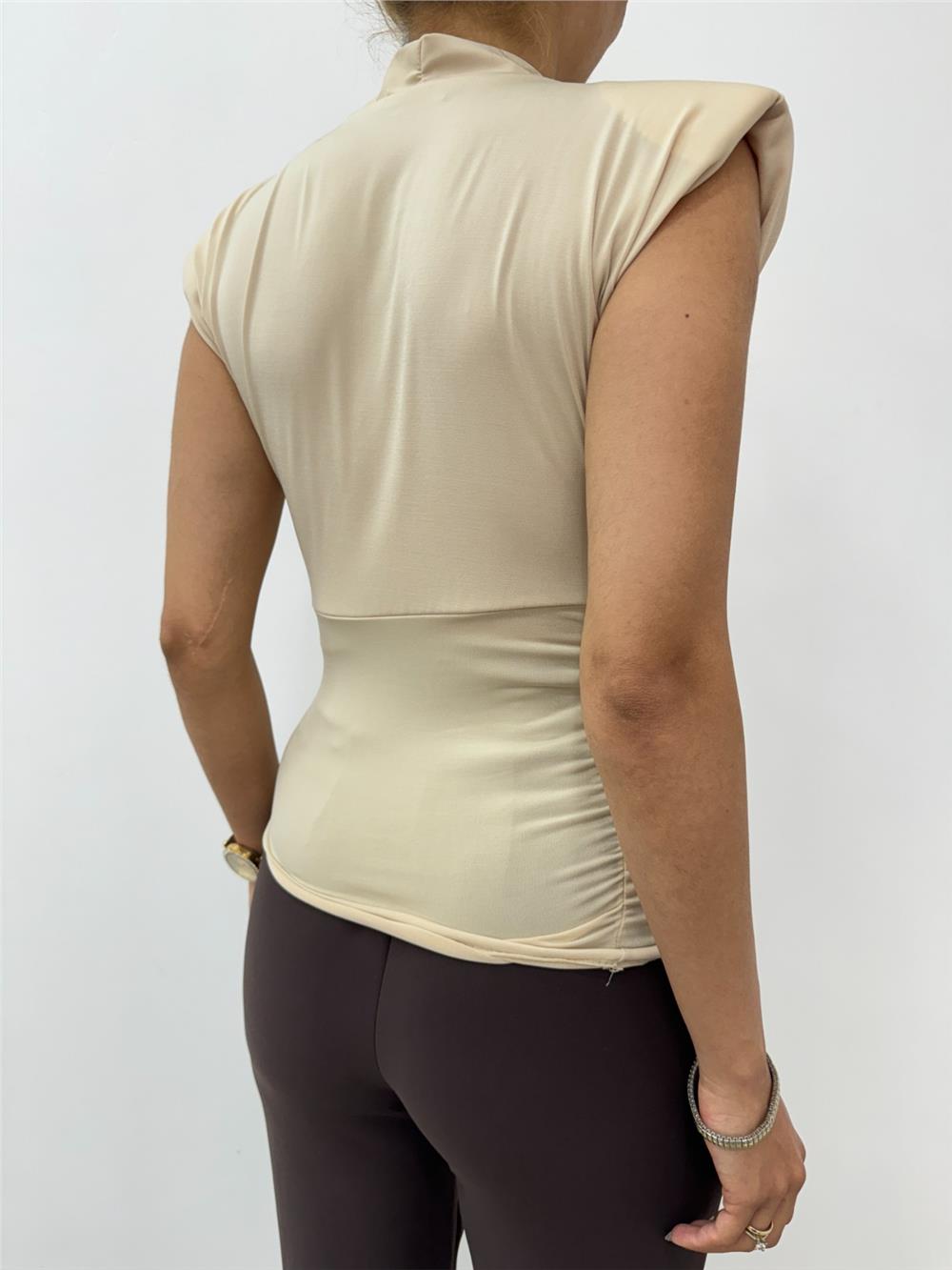 Zero Sleeve Padding Double Breasted Model Sandy Blouse -Beige-358-12492-R56
