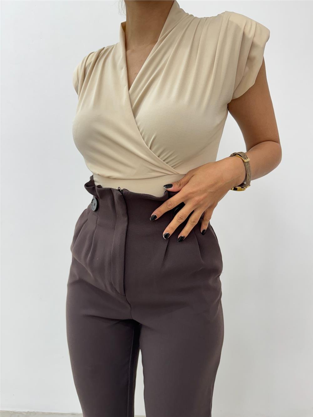 Zero Sleeve Padding Double Breasted Model Sandy Blouse -Beige-358-12492-R56