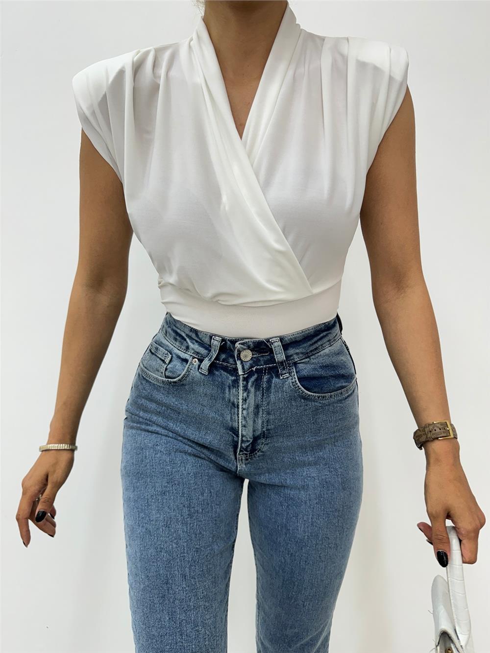 Zero Sleeve Padding Double Breasted Model Sandy Blouse -White-358-12492-R02