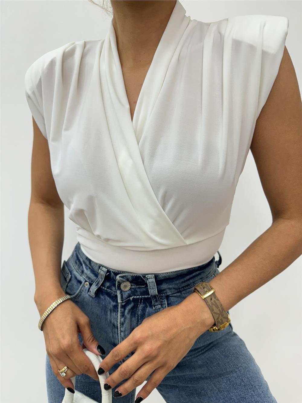 Zero Sleeve Padding Double Breasted Model Sandy Blouse -White-358-12492-R02