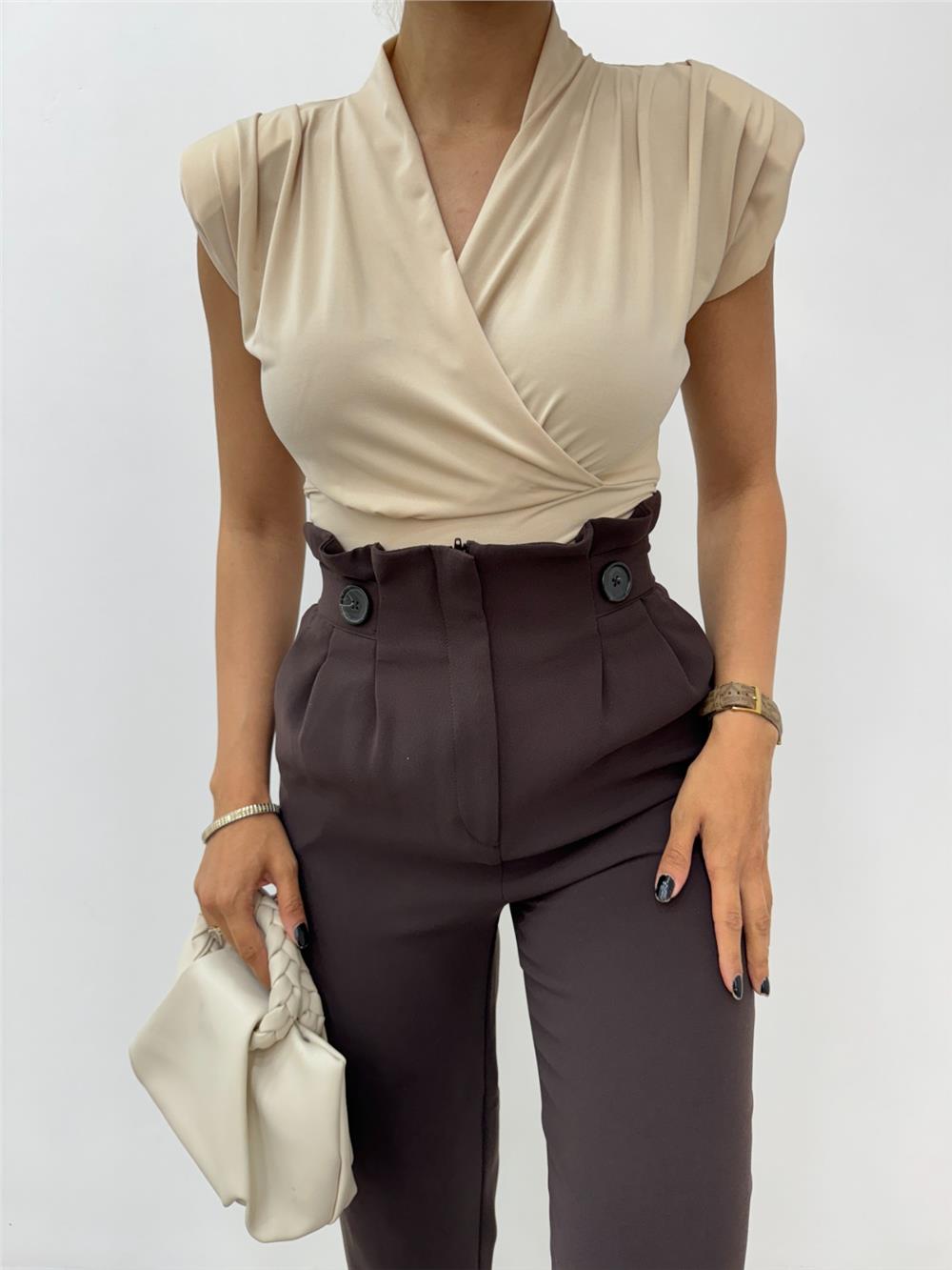 Zero Sleeve Padding Double Breasted Model Sandy Blouse -Beige-358-12492-R56