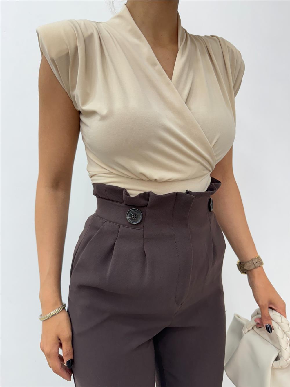 Zero Sleeve Padding Double Breasted Model Sandy Blouse -Beige-358-12492-R56