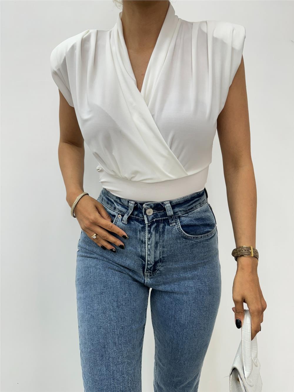 Zero Sleeve Padding Double Breasted Model Sandy Blouse -White-358-12492-R02