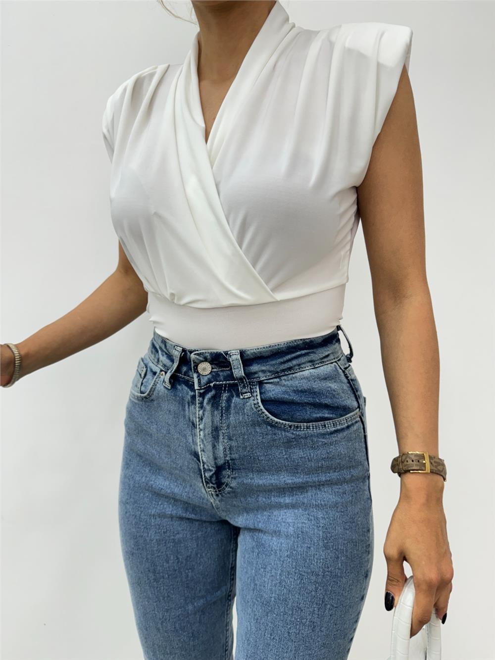 Zero Sleeve Padding Double Breasted Model Sandy Blouse -White-358-12492-R02