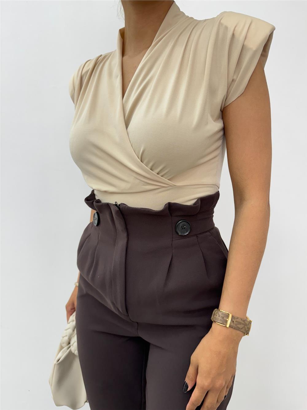 Zero Sleeve Padding Double Breasted Model Sandy Blouse -Beige-358-12492-R56