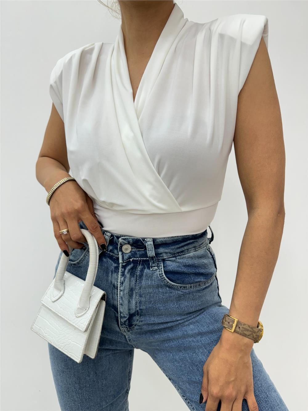 Zero Sleeve Padding Double Breasted Model Sandy Blouse -White-358-12492-R02
