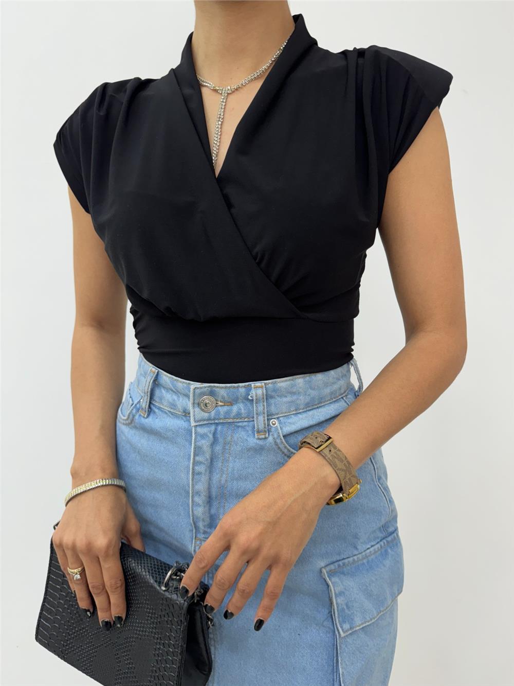 Zero Sleeve Padded Double Breasted Model Sandy Blouse - Black-358-12492-R01